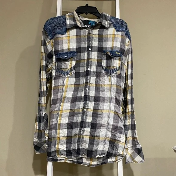 Roar Gray and Yellow Plaid Shirt with Denim Details womens size 2XL - Picture 1 of 4